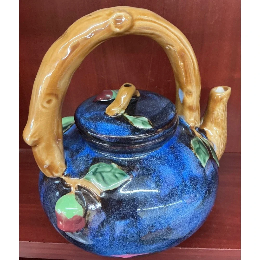 Vintage Ceramic Fruit Teapot Blue Drip Glaze Relief Apple Branch Cottagecore